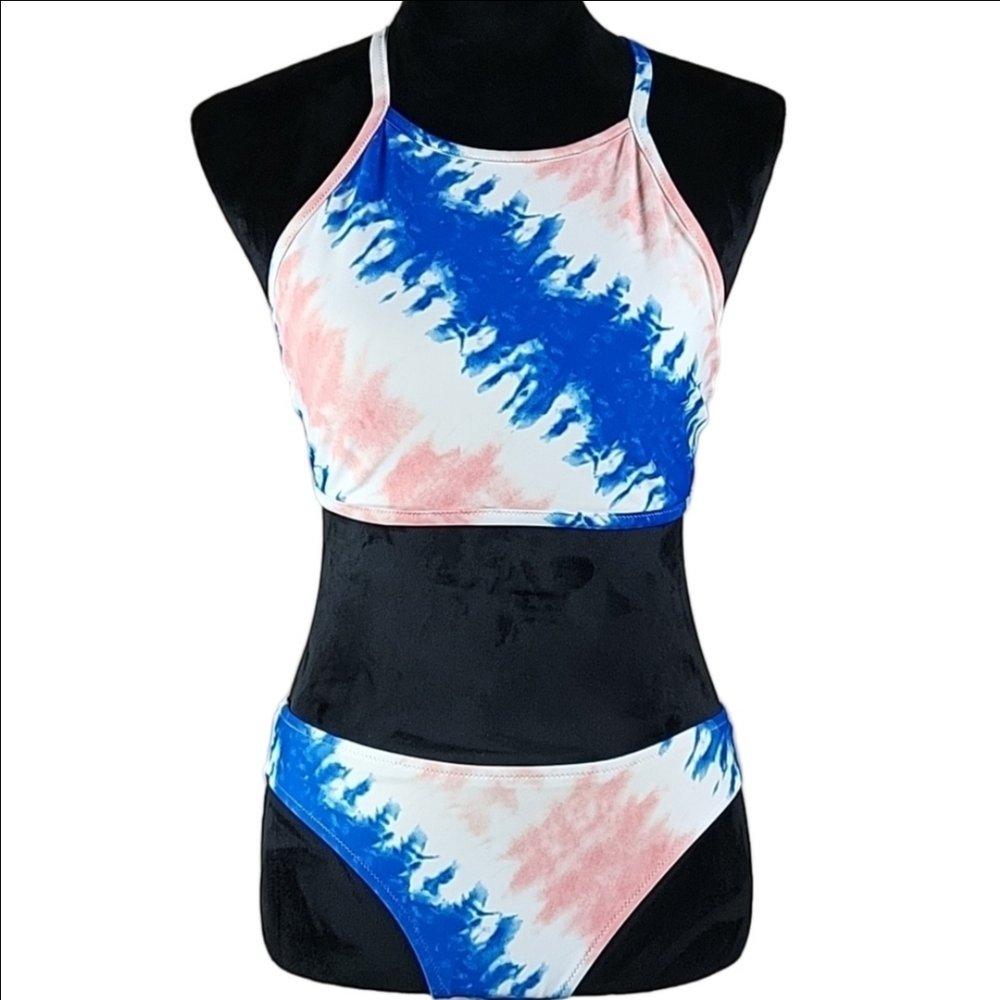 Aerie Pink Blue White Tie Dye Longline Bikini Swimsuit 2 Piece Size Large